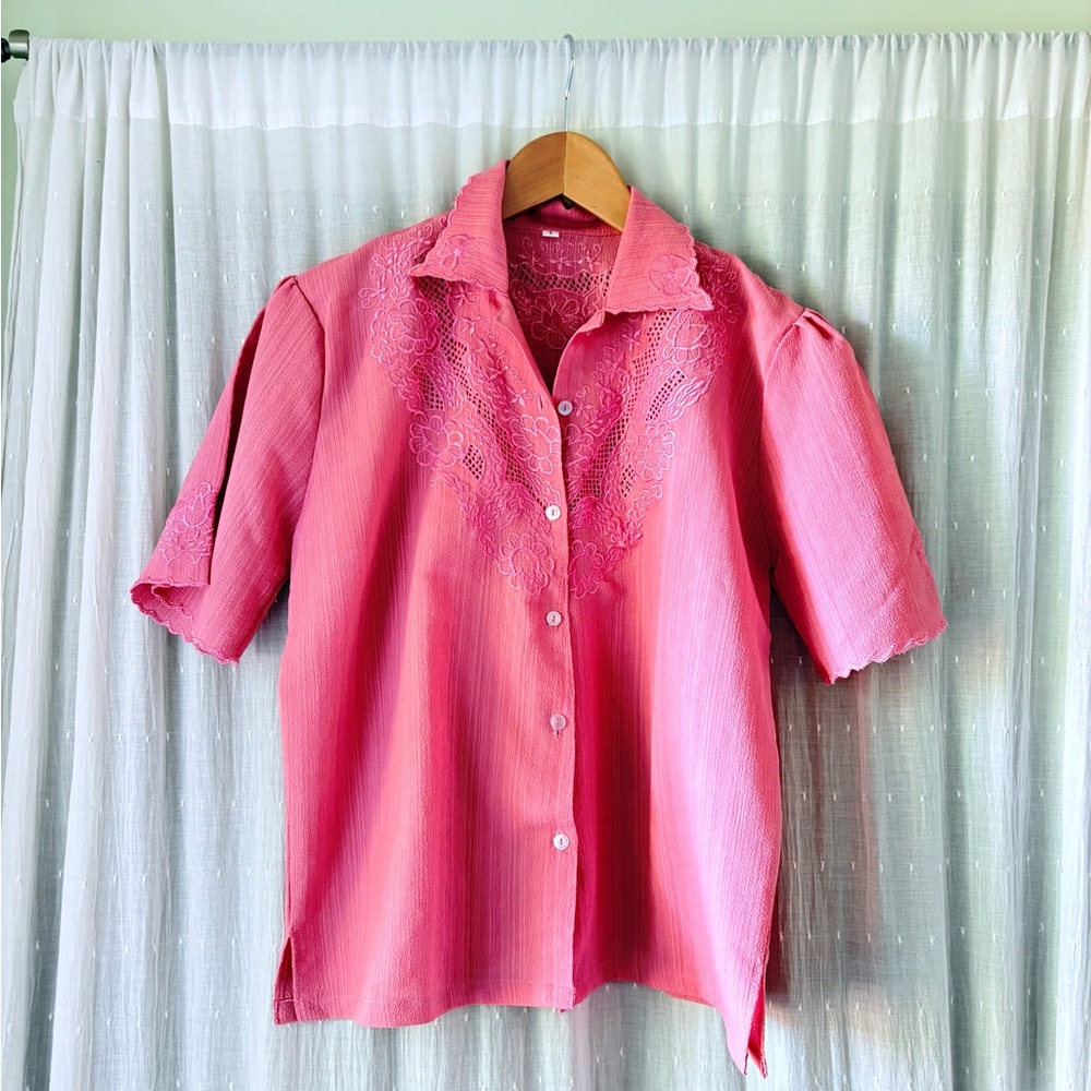 Pink Lace Button-Up Blouse